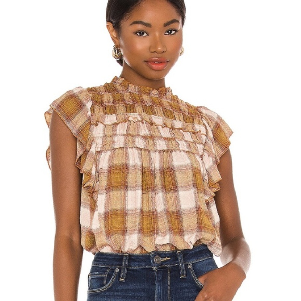 Free People Not Your Average Girl Plaid Ruffle‎ Sleeve Blouse
